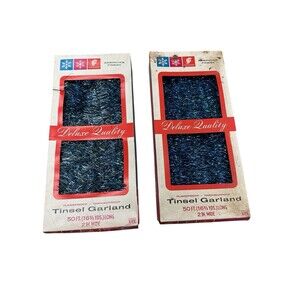 Lot of 2 Vintage Blue Tinsel Christmas Garland in Box America's Finest 100 FT 2”